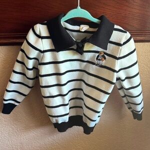 TYG Kids Black and White Striped Polo With Sporty Bear Embroidery Preppy Shirt